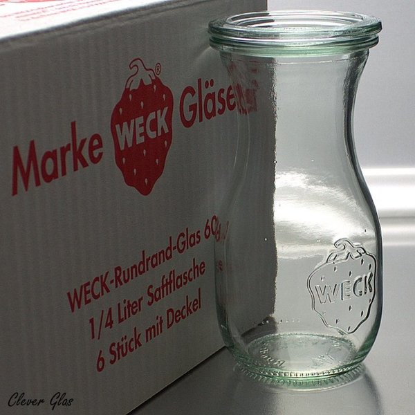 6 WECK ® Einkochgläser 1/4 ltr. Saftflasche Art. 763 RR60 mit Glasdeckel und Auswahl Zubehör