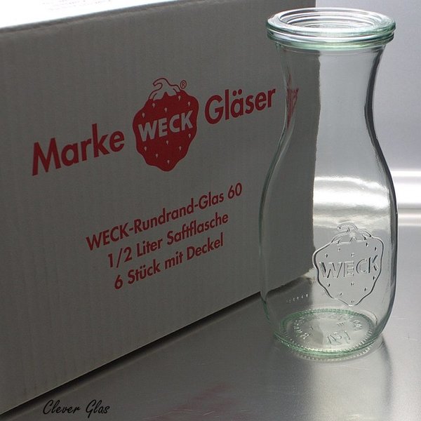 6 WECK ® Einkochgläser 1/2 ltr. Saftflasche Art. 764 RR60 mit Glasdeckel und Auswahl Zubehör