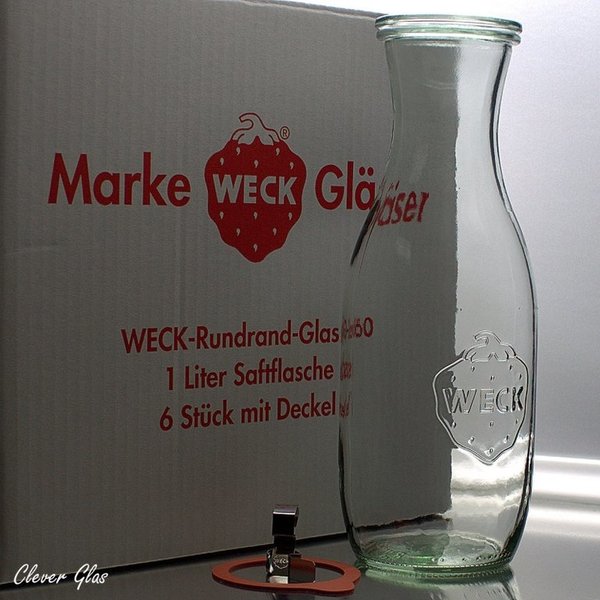 6 WECK ® Einkochgläser 1,0 ltr. Saftflasche Art. 766 RR60 mit Glasdeckel und Auswahl Zubehör