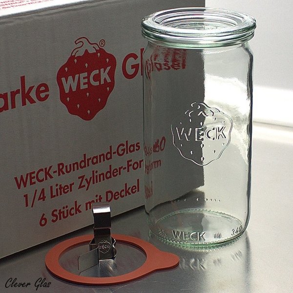 6 WECK ® Einkochgläser 1/4 ltr. Zylinderform Art. 975 RR60 mit Glasdeckel und Auswahl Zubehör