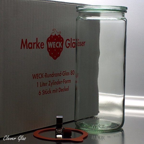 6 WECK ® Einkochgläser 1,0 ltr. Zylinderform Art. 908 RR80 mit Glasdeckel und Auswahl Zubehör