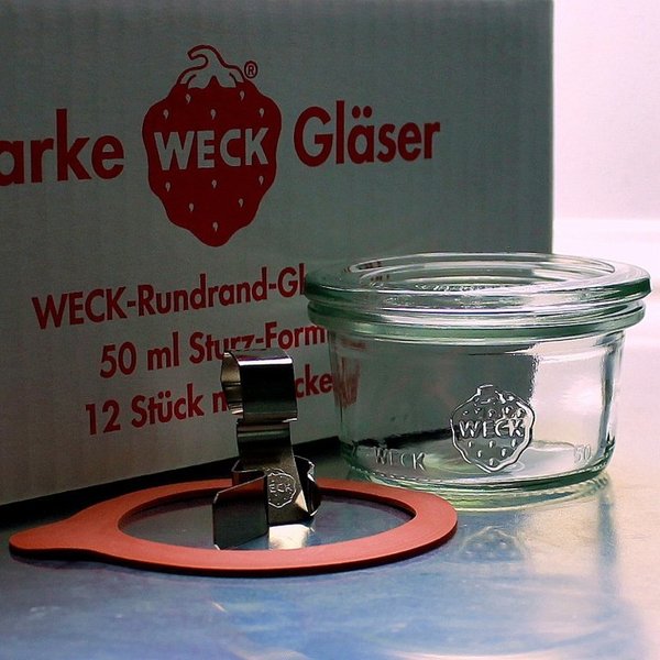 12 WECK ® Einkochgläser 50ml Sturzform Art. 755 RR60 mit Glasdeckel und Auswahl Zubehör