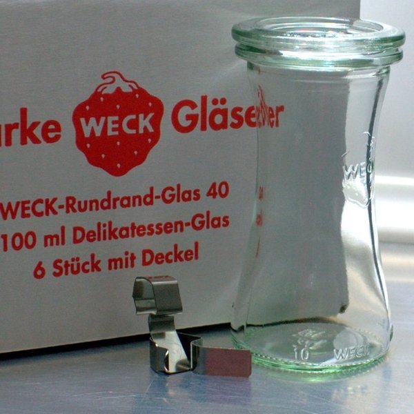 6 WECK ® Einkochgläser 100ml Delikatessenglas Art. 757 RR40 mit Glasdeckel und Auswahl Zubehör