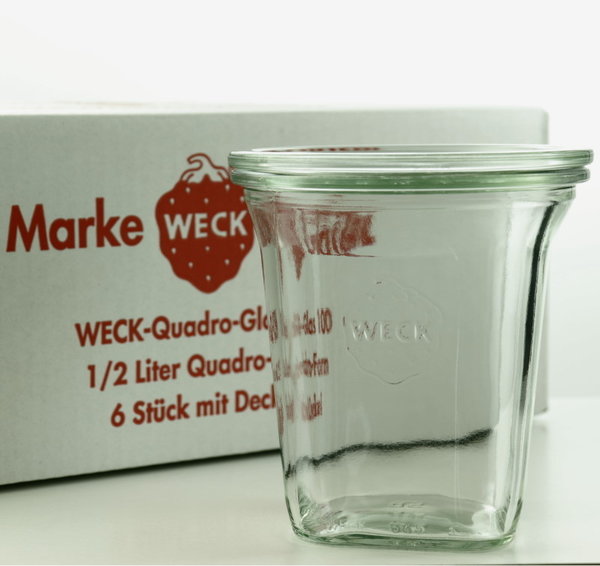 6 WECK ® Einkochgläser 1/2 ltr. Quadroform Art. 747 RR100 mit Glasdeckel und Auswahl Zubehör