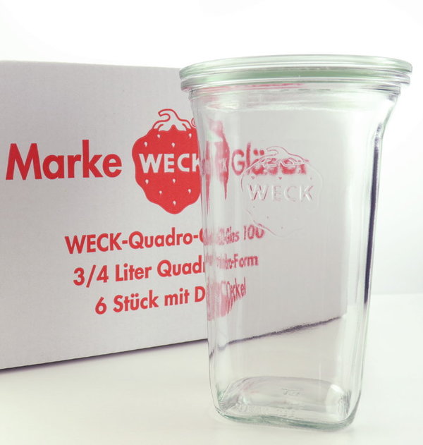 6 WECK ® Einkochgläser 3/4 ltr. Quadroform 769 RR100 mit Glasdeckel und Auswahl Zubehör