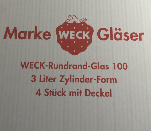 4 WECK ® Einkochgläser 3 ltr. Zylinderform Art. 776 RR100 mit Glasdeckel und Auswahl Zubehör